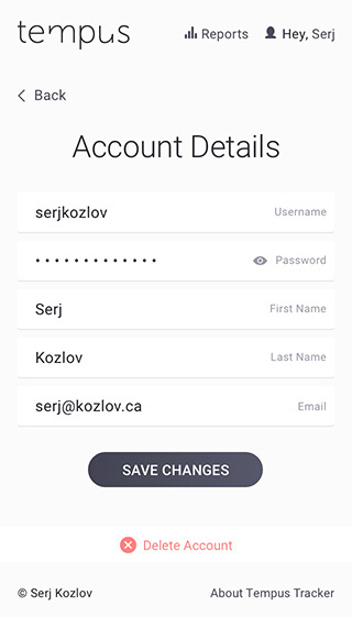 Account details screen - mobile